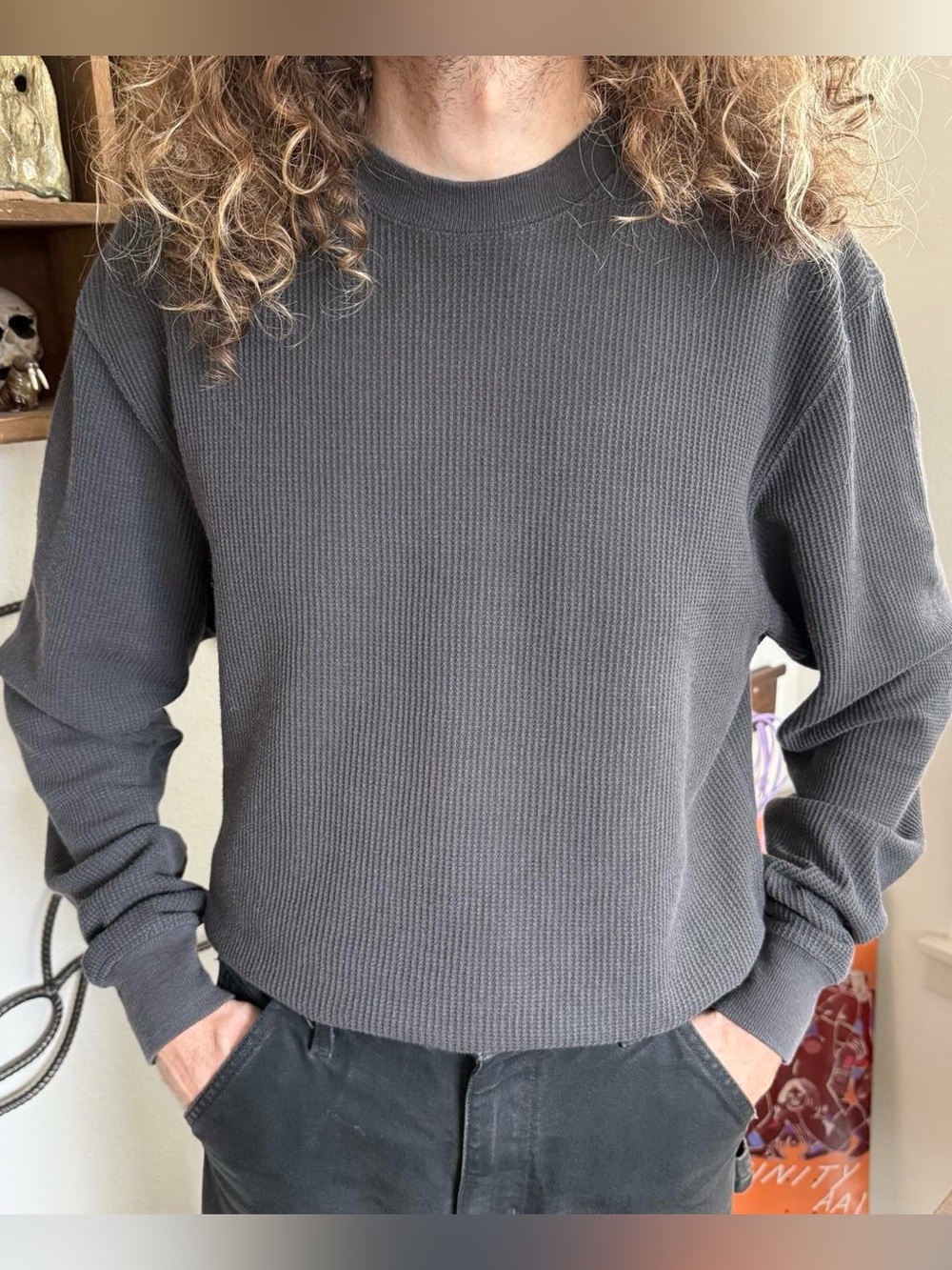 Vintage Y2K Charcoal Waffle Thermal Grunge Skater Outdoor ~ Size Large